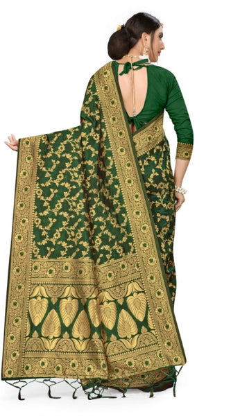 Mayawye Women's Banarasi Silk Saree With Blouse (Green, 5-6Mtrs)