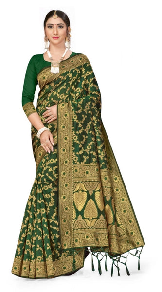 Mayawye Women's Banarasi Silk Saree With Blouse (Green, 5-6Mtrs)