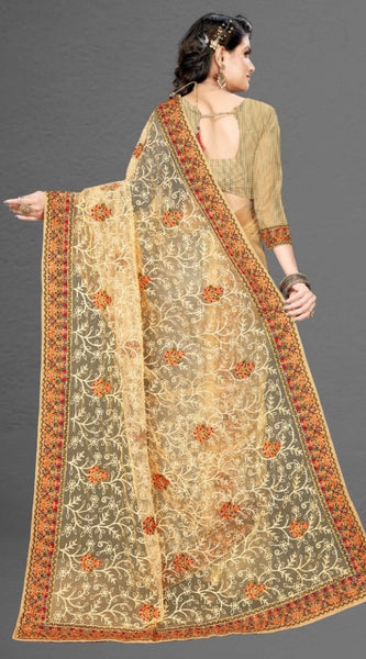 Mayawye Women's Net Saree With Blouse (Chiku, 5-6Mtrs)