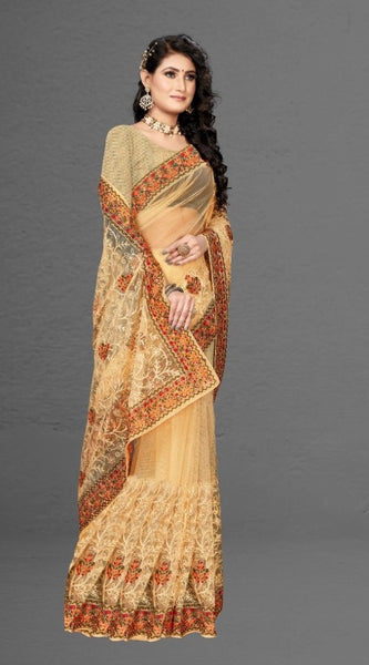 Mayawye Women's Net Saree With Blouse (Chiku, 5-6Mtrs)