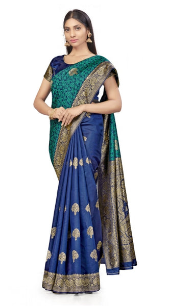 Mayawye Women's Banarasi Silk Saree With Blouse (Navy Blue, Rama, 5-6Mtrs)