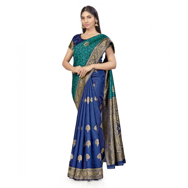 Mayawye Women's Banarasi Silk Saree With Blouse (Navy Blue, Rama, 5-6Mtrs)