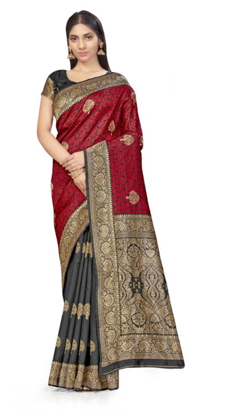 Mayawye Women's Banarasi Silk Saree With Blouse (Black, Red, 5-6Mtrs)