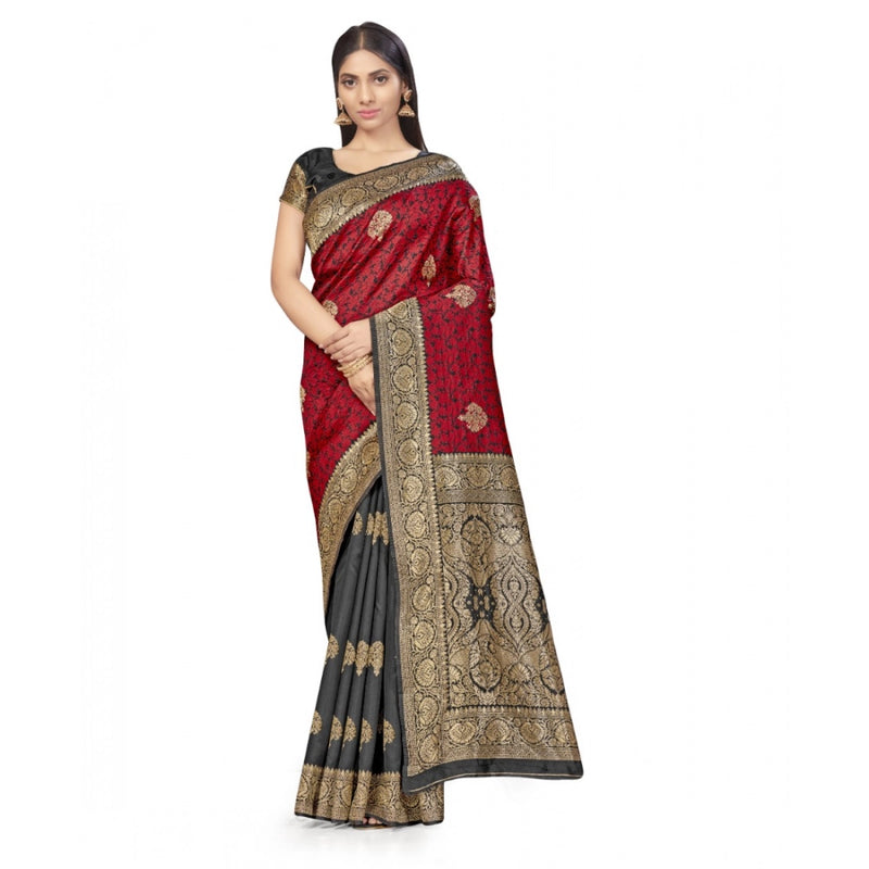 Mayawye Women's Banarasi Silk Saree With Blouse (Black, Red, 5-6Mtrs)