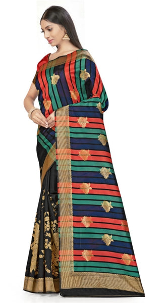 Mayawye Women's Banarasi Silk Saree With Blouse (Black, 5-6Mtrs)
