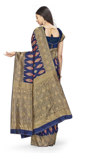Mayawye Women's Banarasi Silk Saree With Blouse (Navy Blue, 5-6Mtrs)