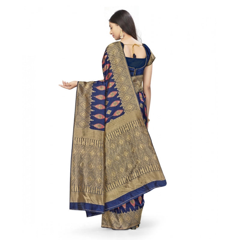 Mayawye Women's Banarasi Silk Saree With Blouse (Navy Blue, 5-6Mtrs)