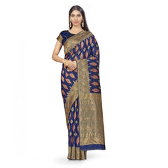 Mayawye Women's Banarasi Silk Saree With Blouse (Navy Blue, 5-6Mtrs)