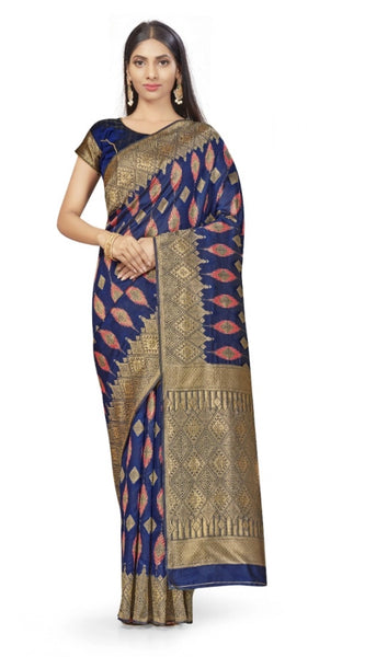 Mayawye Women's Banarasi Silk Saree With Blouse (Navy Blue, 5-6Mtrs)