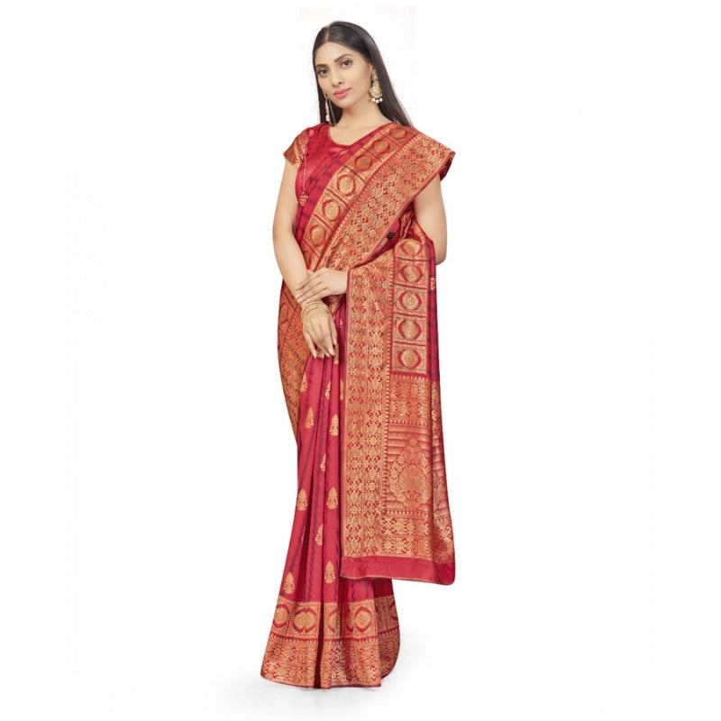 Mayawye Women's Banarasi Silk Saree With Blouse (Peach, 5-6Mtrs)