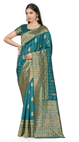 Mayawye Women's Banarasi Silk Saree With Blouse (Peach, 5-6Mtrs)