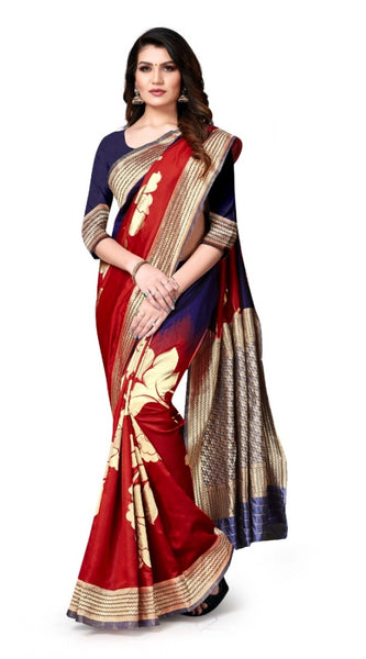 Mayawye Women's Banarasi Silk Saree With Blouse (Navy Blue, Red, 5-6Mtrs)