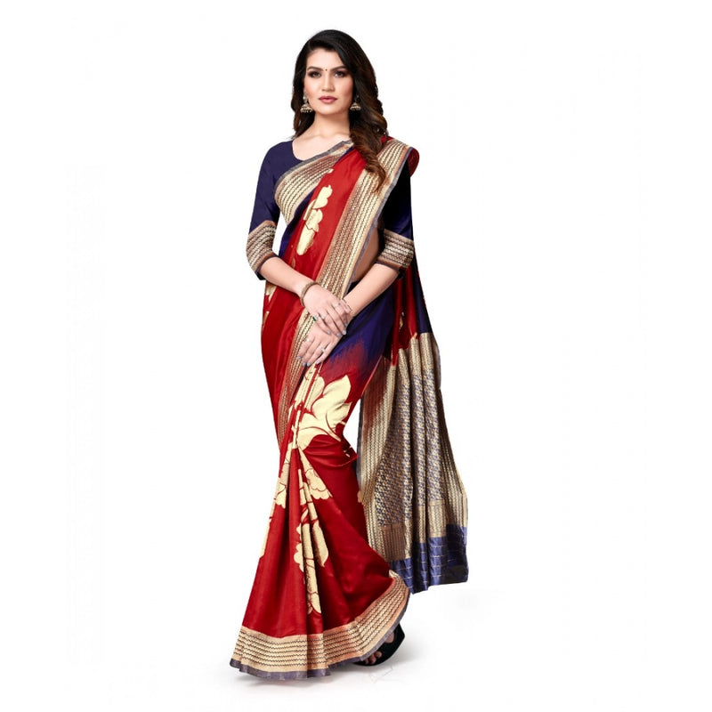 Mayawye Women's Banarasi Silk Saree With Blouse (Navy Blue, Red, 5-6Mtrs)