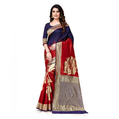 Mayawye Women's Banarasi Silk Saree With Blouse (Navy Blue, Red, 5-6Mtrs)