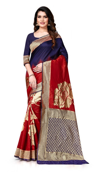 Mayawye Women's Banarasi Silk Saree With Blouse (Navy Blue, Red, 5-6Mtrs)