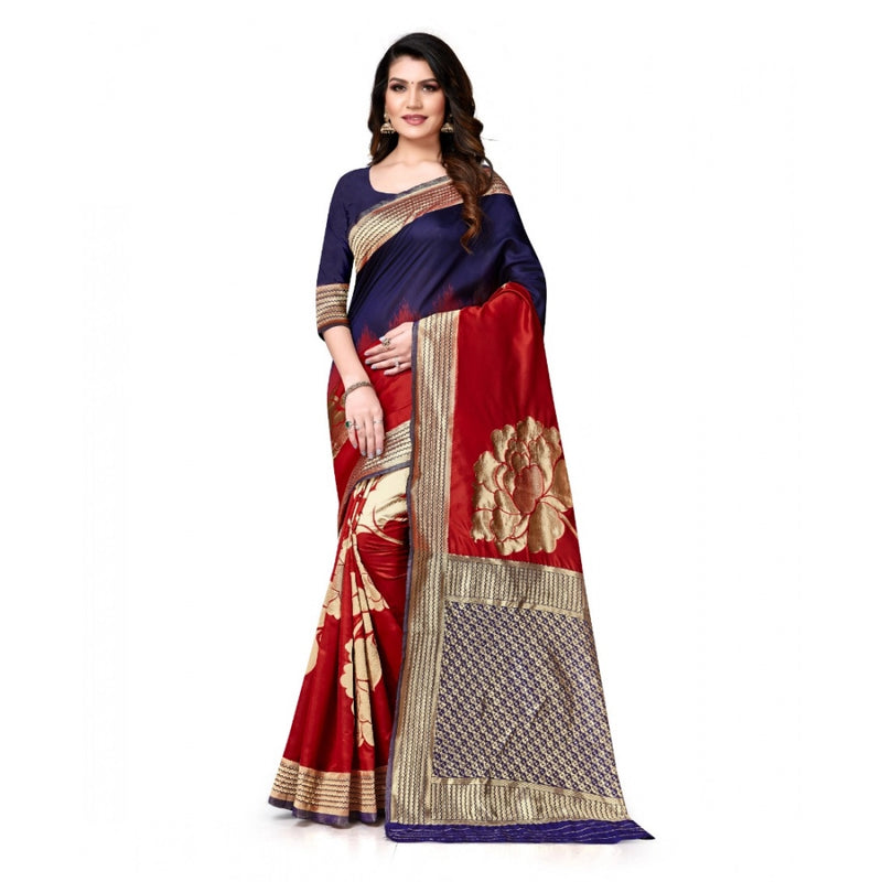 Mayawye Women's Banarasi Silk Saree With Blouse (Navy Blue, Red, 5-6Mtrs)