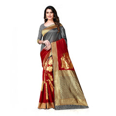 Mayawye Women's Banarasi Silk Saree With Blouse (Grey, Red, 5-6Mtrs)