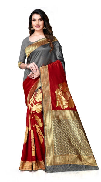 Mayawye Women's Banarasi Silk Saree With Blouse (Grey, Red, 5-6Mtrs)