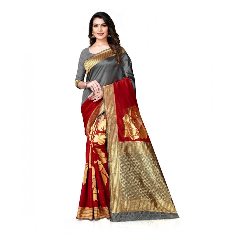 Mayawye Women's Banarasi Silk Saree With Blouse (Grey, Red, 5-6Mtrs)