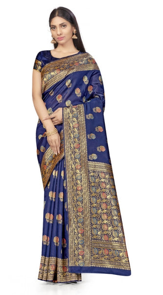 Mayawye Women's Banarasi Silk Saree With Blouse (Navy Blue, 5-6Mtrs)