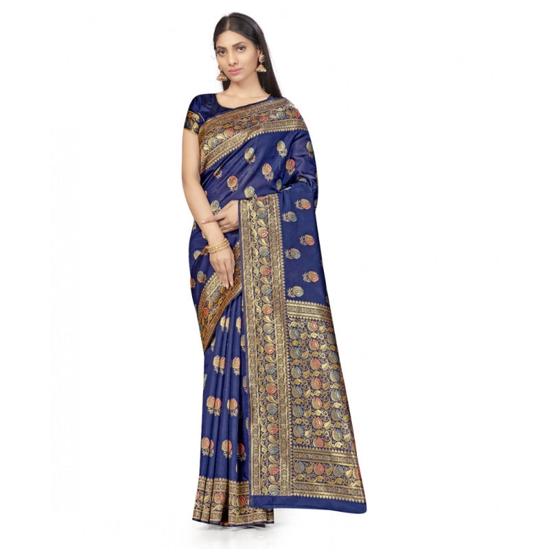Mayawye Women's Banarasi Silk Saree With Blouse (Navy Blue, 5-6Mtrs)