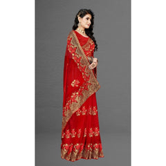 Mayawye Women's Net Saree With Blouse (Red, 5-6Mtrs)