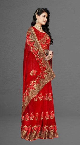 Mayawye Women's Net Saree With Blouse (Red, 5-6Mtrs)
