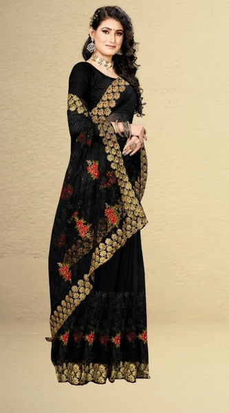 Mayawye Women's Net Saree With Blouse (Black, 5-6Mtrs)