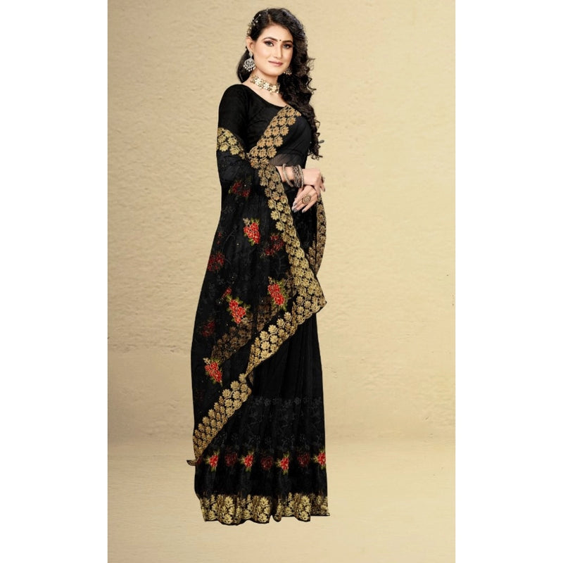 Mayawye Women's Net Saree With Blouse (Black, 5-6Mtrs)