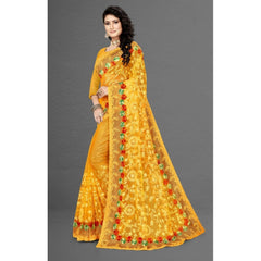 Mayawye Women's Net Saree With Blouse (Yellow, 5-6Mtrs)