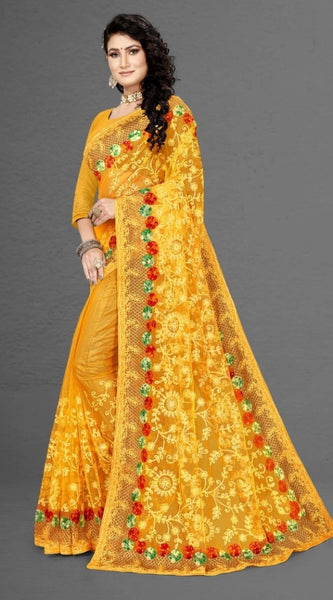 Mayawye Women's Net Saree With Blouse (Yellow, 5-6Mtrs)