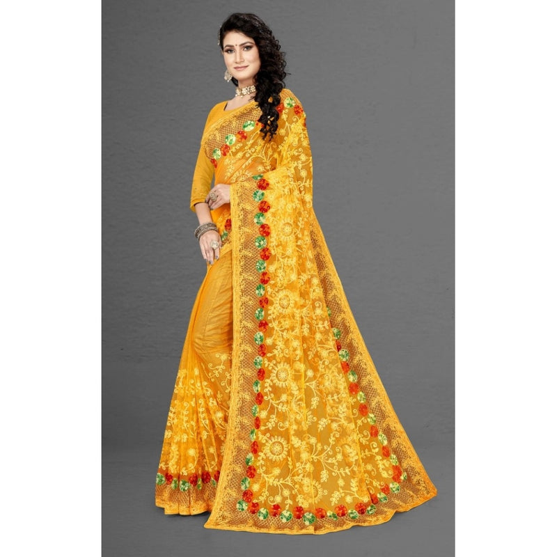 Mayawye Women's Net Saree With Blouse (Yellow, 5-6Mtrs)