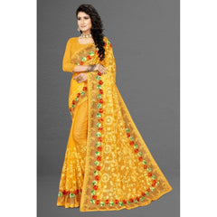 Mayawye Women's Net Saree With Blouse (Yellow, 5-6Mtrs)