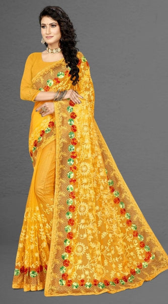 Mayawye Women's Net Saree With Blouse (Yellow, 5-6Mtrs)