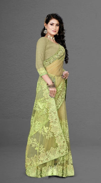 Mayawye Women's Net Saree With Blouse (Pista Green, 5-6Mtrs)