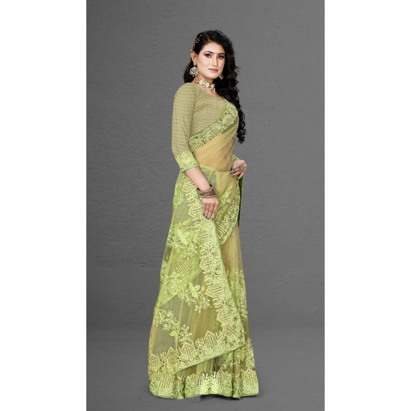 Mayawye Women's Net Saree With Blouse (Pista Green, 5-6Mtrs)