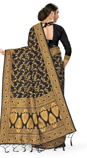 Mayawye Women's Banarasi Silk Saree With Blouse (Black, 5-6Mtrs)