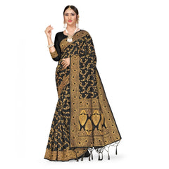 Mayawye Women's Banarasi Silk Saree With Blouse (Black, 5-6Mtrs)