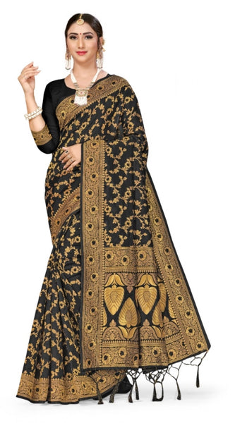 Mayawye Women's Banarasi Silk Saree With Blouse (Black, 5-6Mtrs)