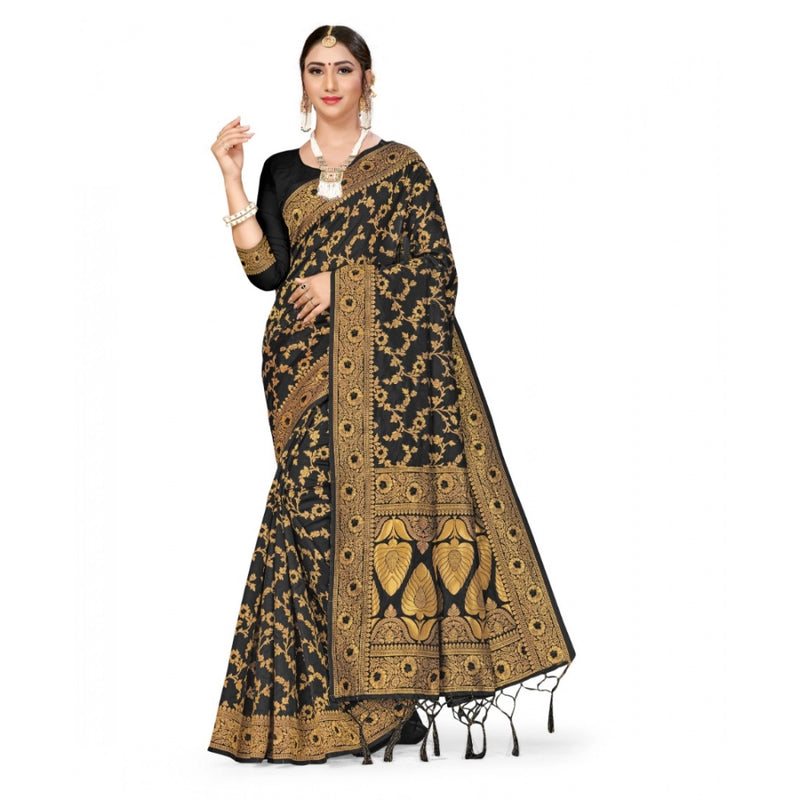 Mayawye Women's Banarasi Silk Saree With Blouse (Black, 5-6Mtrs)