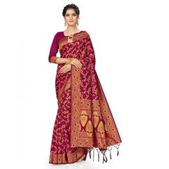 Mayawye Women's Banarasi Silk Saree With Blouse (Wine, 5-6Mtrs)