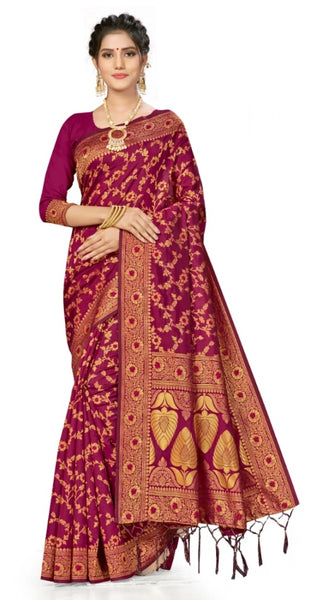 Mayawye Women's Banarasi Silk Saree With Blouse (Wine, 5-6Mtrs)