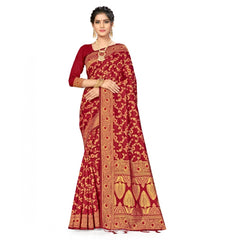 Mayawye Women's Banarasi Silk Saree With Blouse (Maroon, 5-6Mtrs)