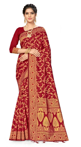 Mayawye Women's Banarasi Silk Saree With Blouse (Maroon, 5-6Mtrs)