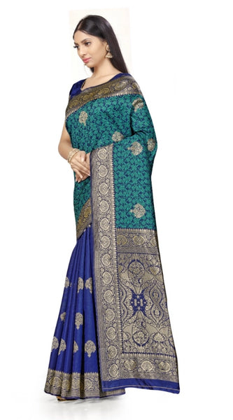 Mayawye Women's Banarasi Silk Saree With Blouse (Navy Blue, Rama, 5-6Mtrs)