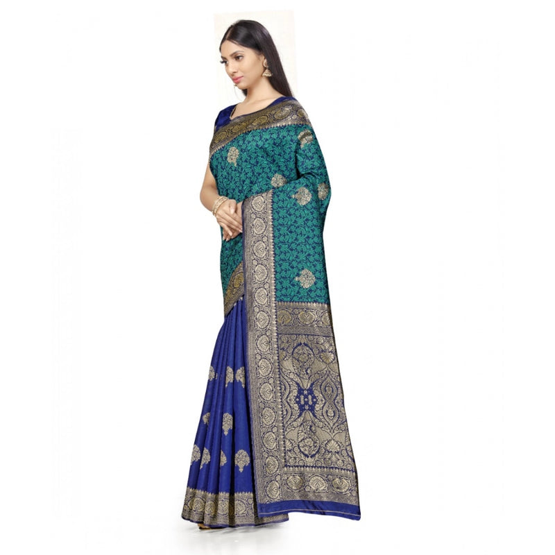 Mayawye Women's Banarasi Silk Saree With Blouse (Navy Blue, Rama, 5-6Mtrs)
