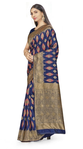 Mayawye Women's Banarasi Silk Saree With Blouse (Navy Blue, 5-6Mtrs)