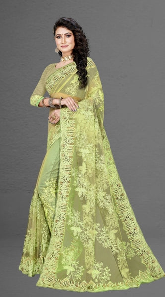 Mayawye Women's Net Saree With Blouse (Pista Green, 5-6Mtrs)