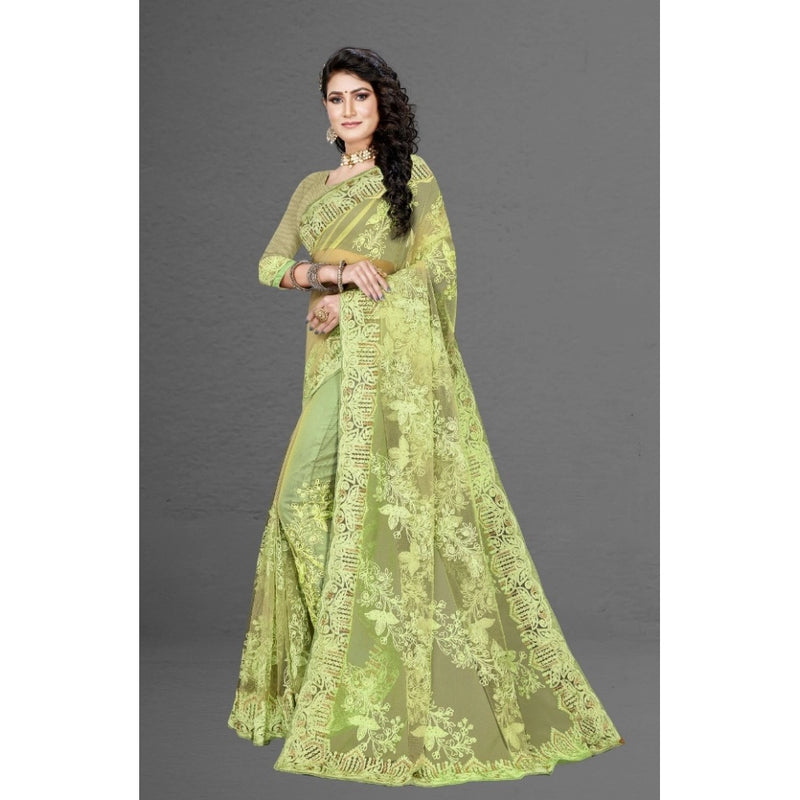 Mayawye Women's Net Saree With Blouse (Pista Green, 5-6Mtrs)