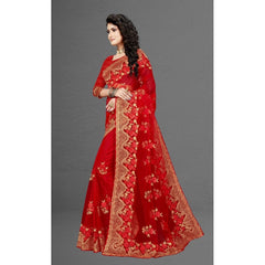 Mayawye Women's Net Saree With Blouse (Red, 5-6Mtrs)